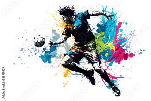 football soccer player in action with rrainbow watercolor splash. isolated white background. Neural network AI generated art photo