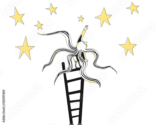 Niña subiendo escalera y agarrando estrellas. Chica en escalera y cogiendo estrella. Niña en cielo estrellado.