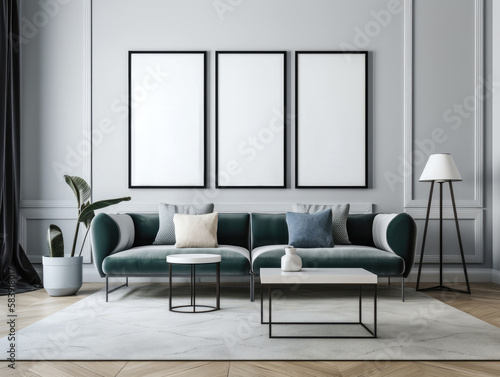 Grey modern living room with mock up frame and modern furniture. Generative AI