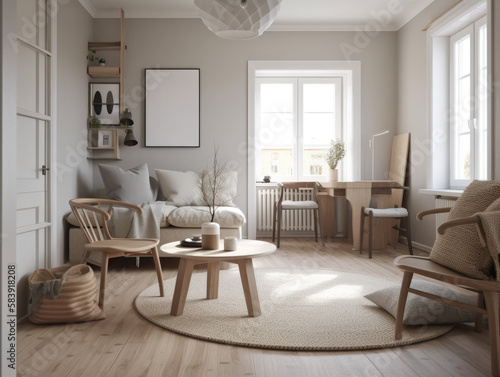 Beautiful cozy beige scandinavian living room with wooden furniture. Generative AI
