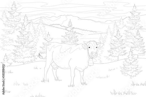 Coloring page with an illustration of a cow on the background of mountains and nature