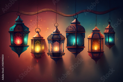 Muslim Holy Month Ramadan Kareem Frame with Lantern Design Generative Ai
