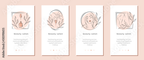 Beauty salon. Hairdressing services, manicure and pedicure, eyelash extensions, makeup. Vector illustrations