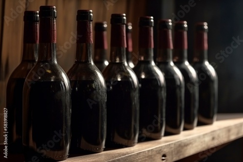 Row of red wine bottles on a wooden shelf