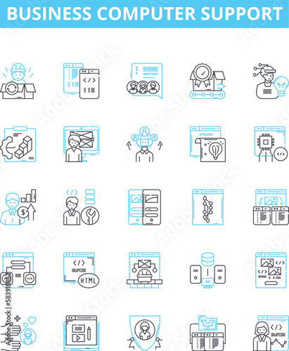 Business computer support vector line icons set. IT, Support, Business, Computer, Technical, Network, Consultancy illustration outline concept symbols and signs