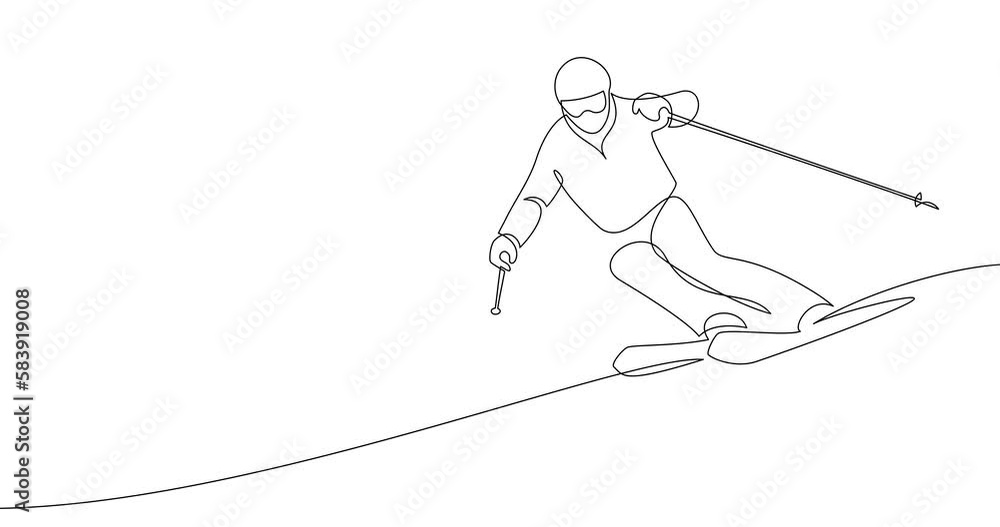 Animation of an image drawn with a continuous line. Skier coming down from the mountain. Sports and recreation in the mountains. Animation of an image drawn with a continuous line. Skier coming down from the mountain. Sports and recreation in the mountains.
