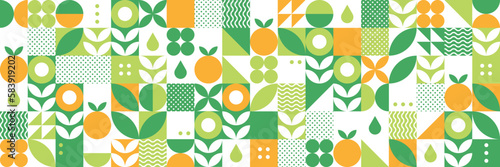 Modern geometric background. Abstract nature: flowers, leaves and fruits. Set of icons in flat minimalist style. Bauhaus. Seamless pattern. Vector botanical illustration. 