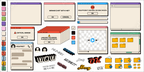 Old computer aestethic, user interface, operating system, windows, icons, message boxes