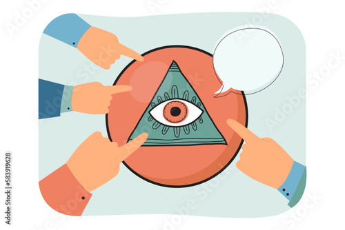 Hands pointing at all-seeing eye vector illustration. People believing or judging conspiracy theories. Symbol of world government. Conspiracy, providence, mysticism concept