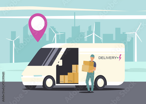 Delivery or logistic service concept. Electric light commercial van and courier with boxes. Vector illustration.