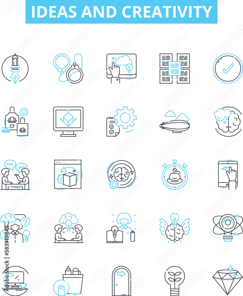 Ideas and creativity vector line icons set. Ideas, Creativity, Innovation, Brainstorming, Imagination, Conceptualization, Vision illustration outline concept symbols and signs Ideas and creativity vector line icons set. Ideas, Creativity, Innovation, Brainstorming, Imagination, Conceptualization, Vision illustration outline concept symbols and signs
