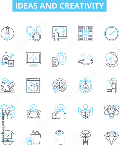 Ideas and creativity vector line icons set. Ideas, Creativity, Innovation, Brainstorming, Imagination, Conceptualization, Vision illustration outline concept symbols and signs