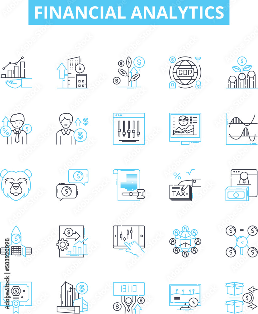 Financial analytics vector line icons set. Financial, Analytics, Analysis, Investment, Trading, Markets, Services illustration outline concept symbols and signs