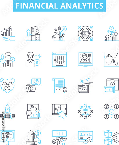 Financial analytics vector line icons set. Financial, Analytics, Analysis, Investment, Trading, Markets, Services illustration outline concept symbols and signs