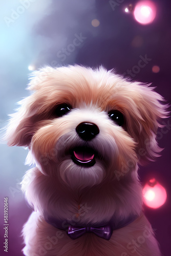 A Cute Fluffy Dog With Big Eyes Wearing Purple Bow created with generative AI technology
