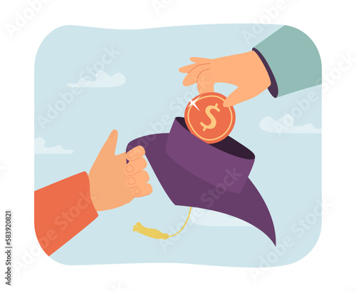 Saving money for education vector illustration. Hand putting coin in graduation cap, donating to student. Rising tuition fees at universities, reducing importance of education concept