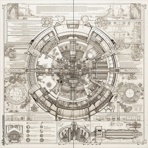 Retro blueprint of mechanism, technical drawing on old paper, abstract drafting pattern, industrial drawing, generative ai photo