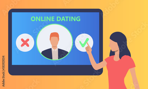 Young woman using online dating app vector illustration. Female user choosing partner on computer screen on yellow background. Dating in social media, online dating, matching concept