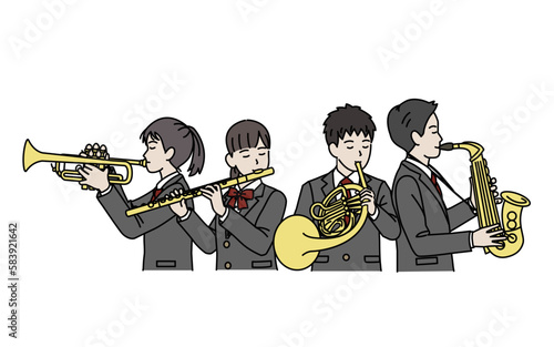 吹奏楽部　楽器で演奏する生徒のイラスト