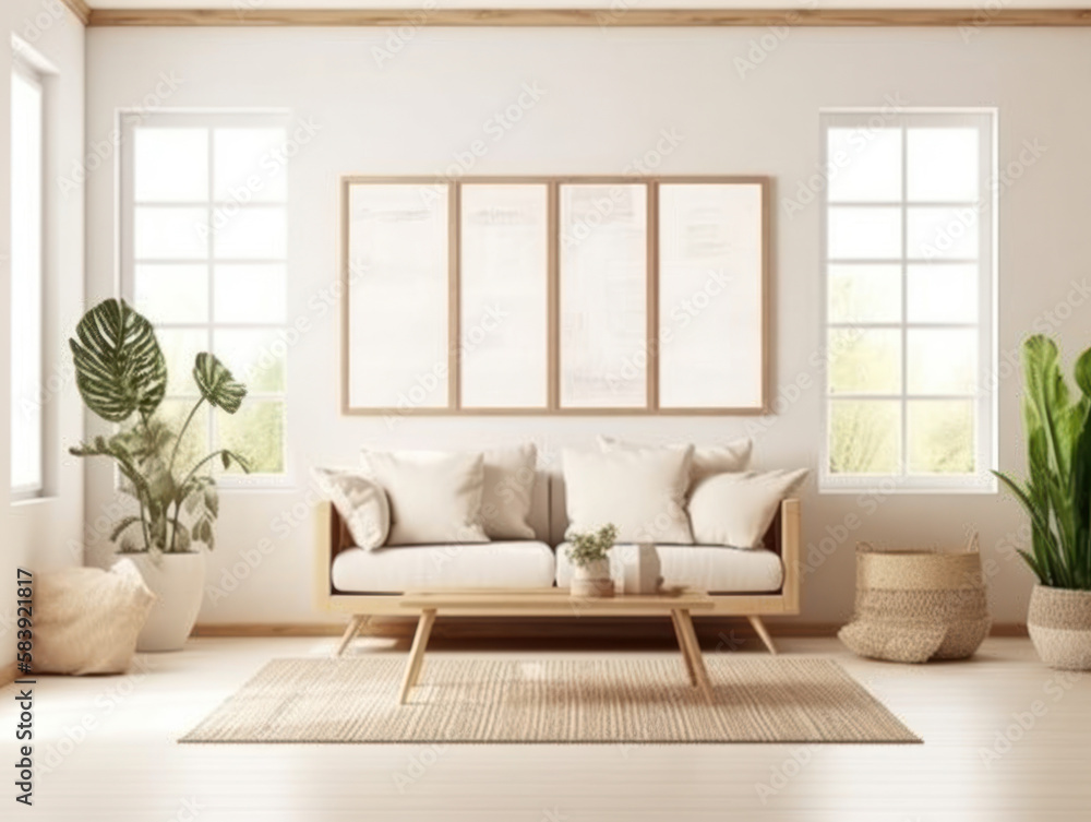 Fototapeta premium Mockup poster frame on the wall modern living room with sofa ,Generative AI.