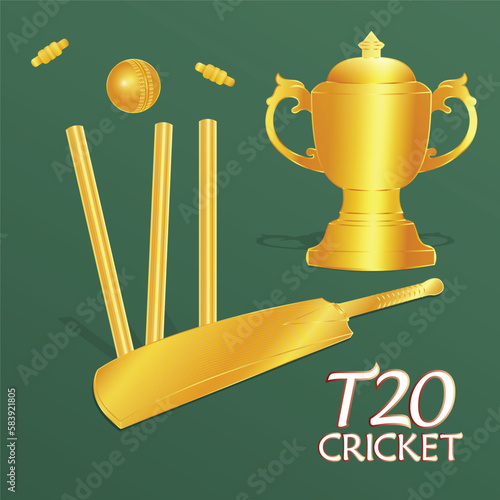 isolated shiny golden trophy, bat, stumps and ball realistic vector. IPL and WPL t20 event celebration web banner, poster, design. photo