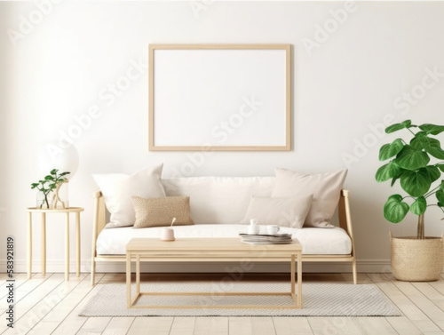 Mockup poster frame on the wall modern living room with sofa ,Generative AI. © HappyTime 17