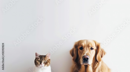 golden retriever and cat looking at camera, Generative Ai