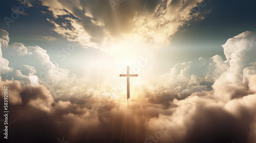 Cross Shape In Clouds - Risen - Jesus Ascends to Heaven Scene ,Generative AI.