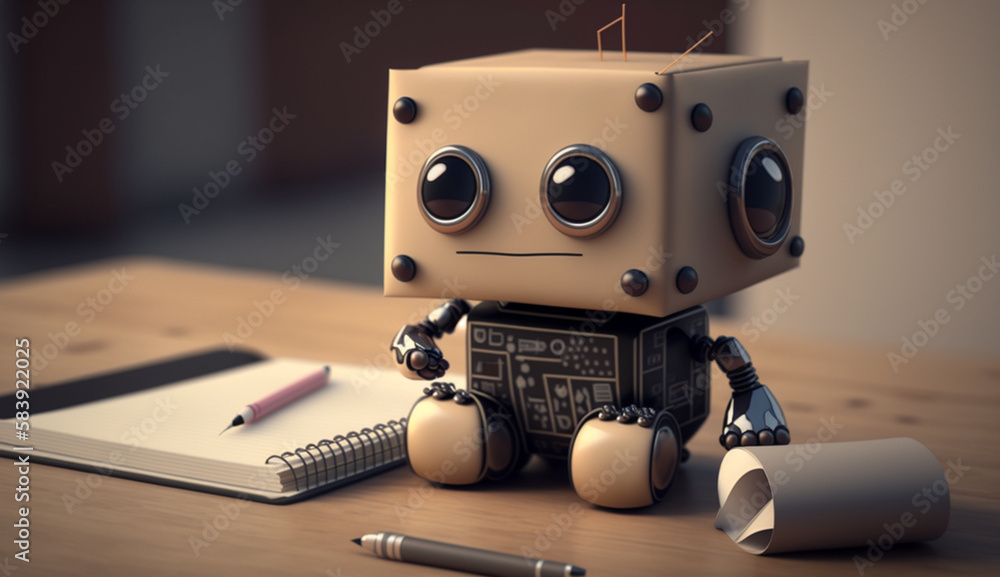 Little cute robot reading notebook at a desk, cartoon style, mini robot
