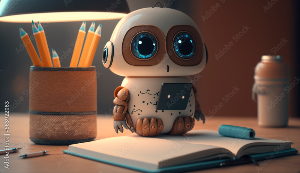 Little cute robot reading notebook at a desk, cartoon style, mini robot