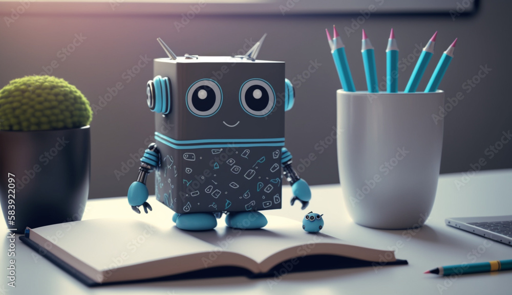 Little cute robot reading notebook at a desk, cartoon style, mini robot