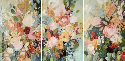 Fototapeta Naklejka Na Ścianę i Meble -  Set of three oil painting in boho style, garden flowers bouquet in pastel colors, semi abstract, generative AI