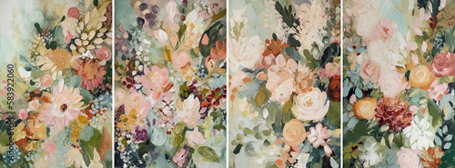 Photographie Semi abstract set of four oil painting in boho style, autumn flowers in pastel c