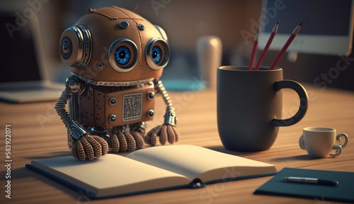 Little cute robot reading notebook at a desk, cartoon style, mini robot, android robot, near-future technology