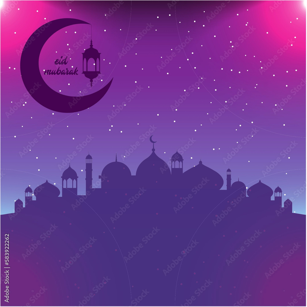 Islamic greeting card eid Mubarak on ramazan ornaments crescent flowers in dark purple background.Eid Mubarak is an Arabic term that means Blessed Feast or festival.