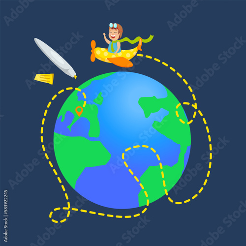 Happy child traveling around planet vector illustration. Excited boy in plane going abroad for summer vacation on dark background. Tourism recovery, international traveling, pandemic concept