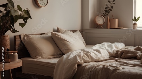 Concept of sleep hygiene, cosy bed with soft pillows and comfortable sheets, set in a peaceful bedroom environment. Quiet atmosphere, healthy bedtime routine and restful night sleep. Generative AI photo