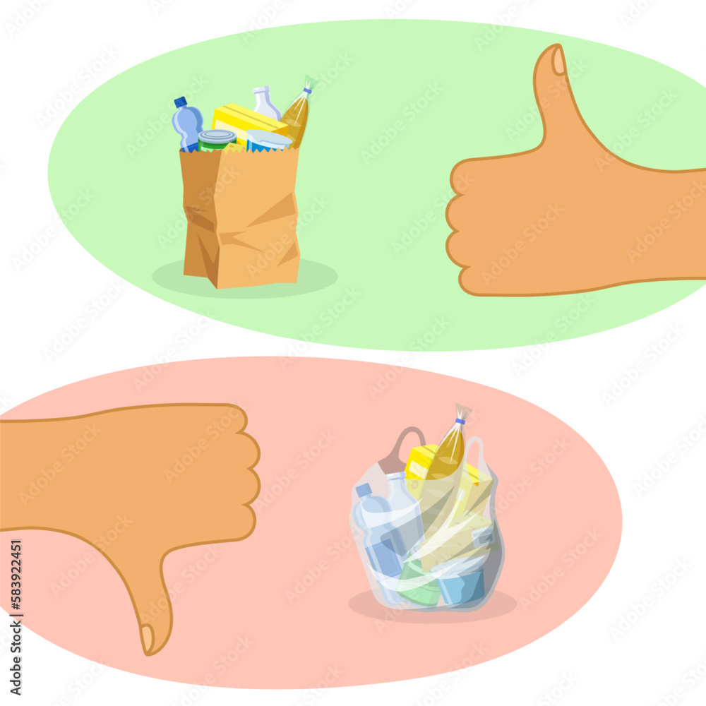 Paper Bag Vs Plastic Bag Vector Illustration Hand With Thumb Up paper-bag-vs-plastic-bag-vector-illustration-hand-with-thumb-up