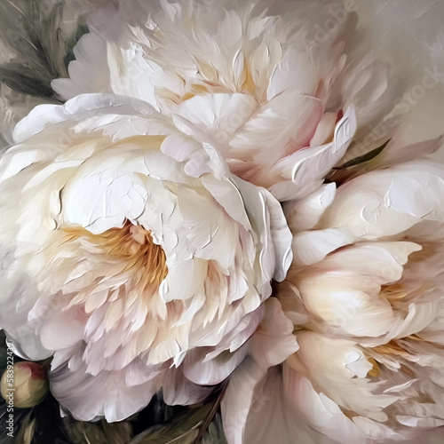 Fototapeta Naklejka Na Ścianę i Meble -  Oil painting of white peony flowers, square large close-up. Floral background. Generative AI