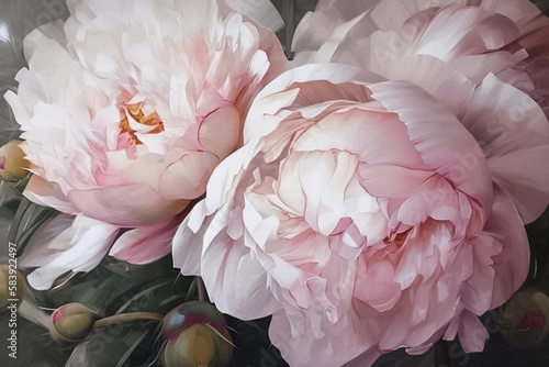Fototapeta Naklejka Na Ścianę i Meble -  Beautiful peony flowers as floral background, oil painting, close-up view, generative ai