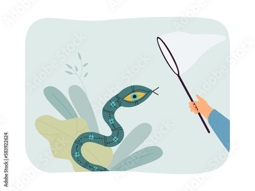 Hand with scoop net catching snake vector illustration. Snake with big eye on white background. Symbol of world government. Conspiracy, animal, providence, mysticism concept