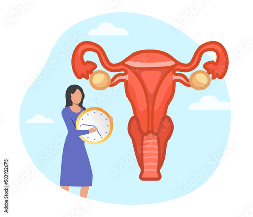 Woman explaining menopause vector illustration. Mature lady holding clock and uterus drawing on white background. Menopause, health care, female reproductive system concept