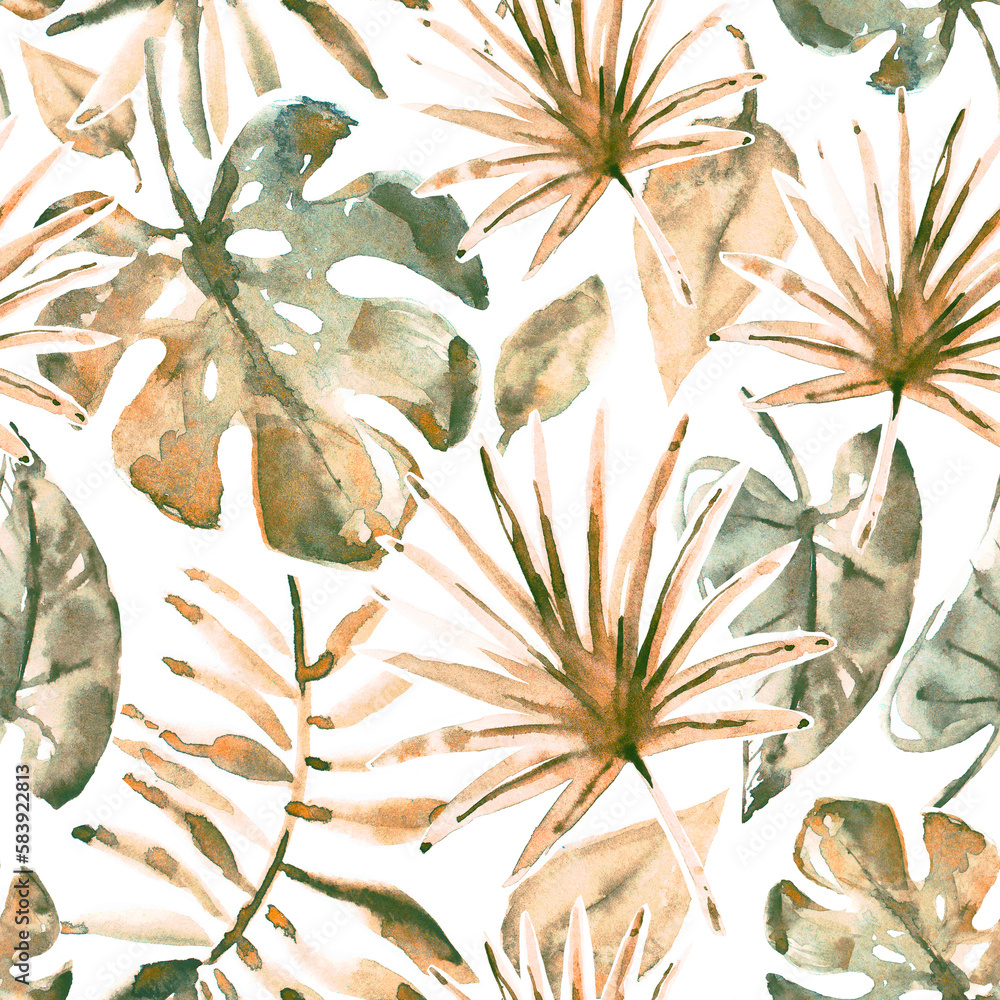 Watercolor seamless tropical pattern with palm leaves. Summer design in ...