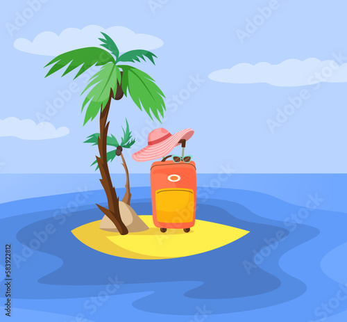 Suitcase on island vector illustration. Tourists luggage, hat and glasses on beach in sea or ocean. Tourism recovery, international traveling, pandemic concept