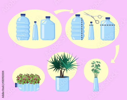 Reuse of plastic bottles vector illustration. Instruction how to make vases and flower pots from empty packages on pink background. Sustainability, recycling, upcycling, ecology concept