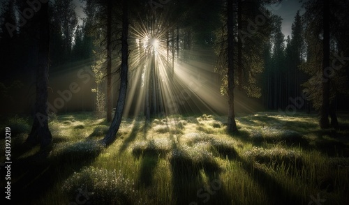  the sun shines through the trees in a forest filled with green grass and tall grass  with the sun shining through the trees in the distance.  generative ai