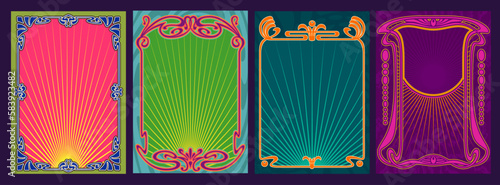 Psychedelic Colors Art Nouveau Style Frames Set. Vintage Decorative Backgrouunds