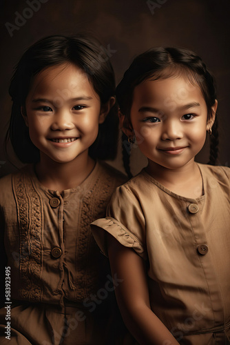 Portrait of two asian adorable little girls in studio. Generative AI photo