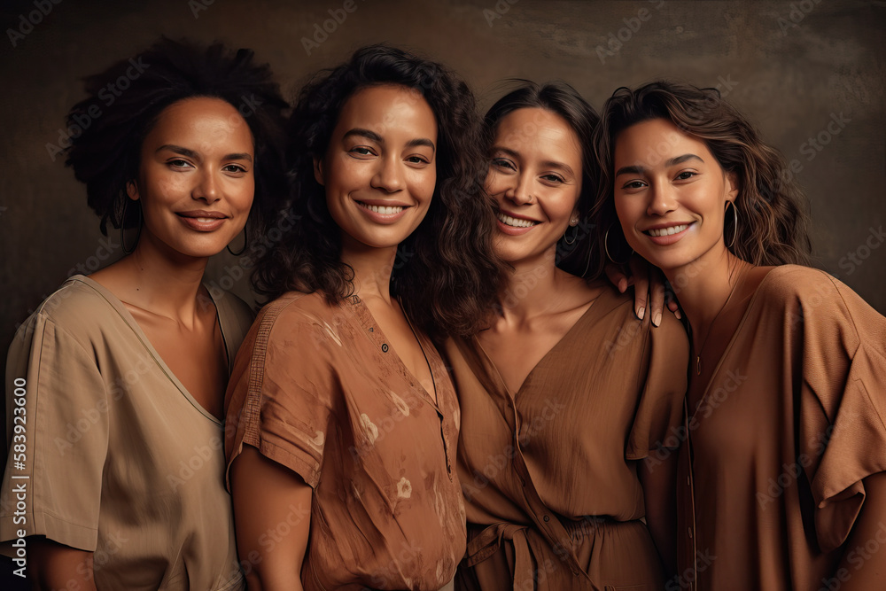 © ADDICTIVE STOCK - Portrait of multiracial women in studio looking at camera over brown background. Generative AI