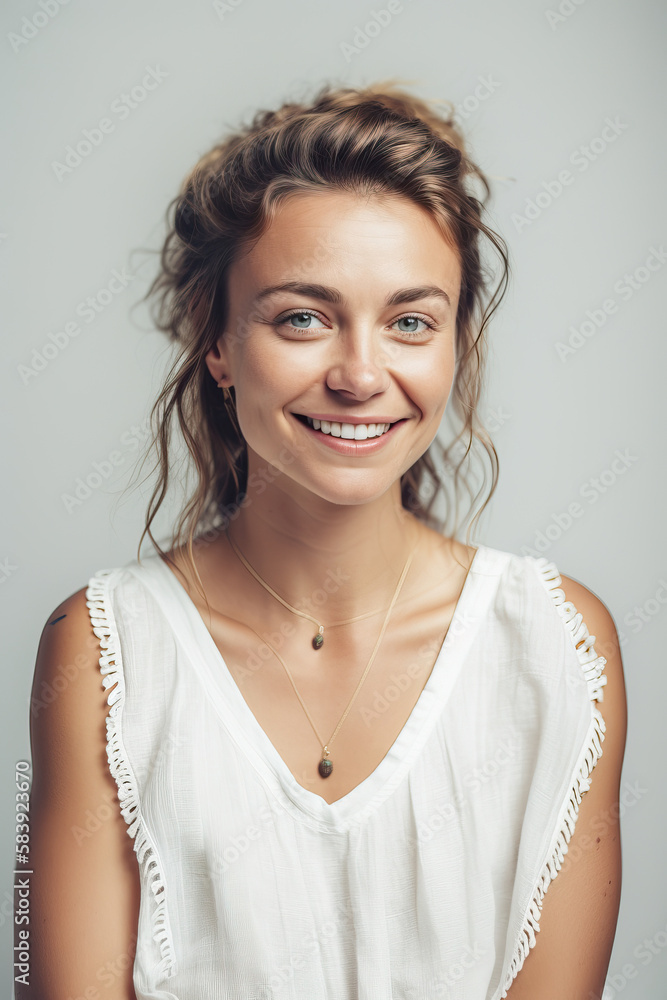 Portrait of cute blonde woman looking at camera over white background. Generative AI. Portrait of cute blonde woman looking at camera over white background. Generative AI.